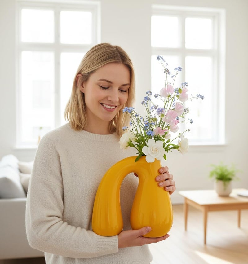PROBENEX Yellow Ceramic Decorative Pitcher Vase, 7.5 in – Glossy Sculptural Arch-Handle, Modern Home Décor Accent for Fresh or Dried Floral Arrangements, Table/Shelf/Entryway, Giftable - Image 4